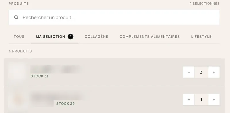 Webapp métier sur-mesure : sélection de produits avec gestion de stock et de quantités